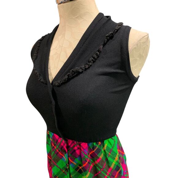 Small 1960s Vintage Bright Plaid Maxi Dress Button Up Sleeveless - Picture 5 of 9
